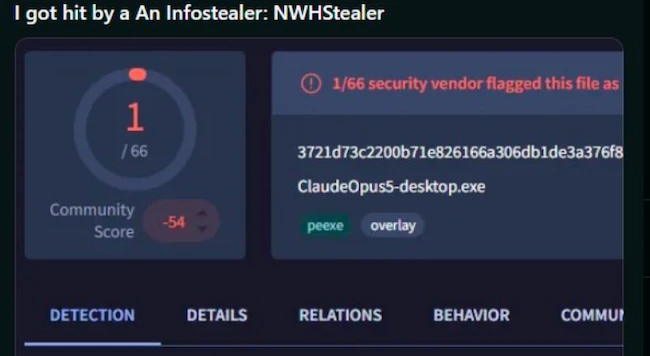 Captura de una plataforma de análisis de seguridad que muestra el archivo “ClaudeOpus5-desktop.exe”