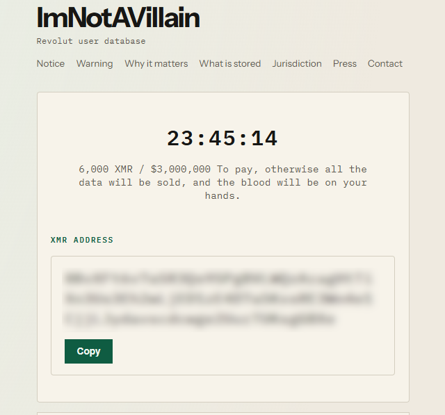 Captura de pantalla de la página web ImNotAVillain, presuntos hackers de Revolut