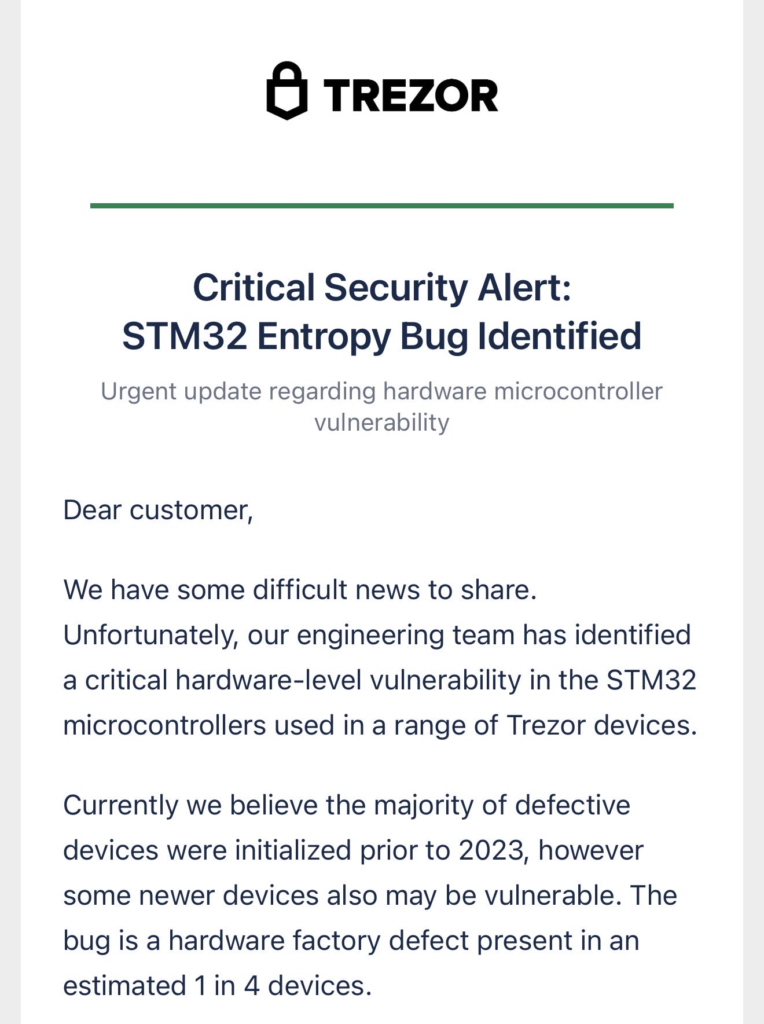 Captura del correo electrónico enviado por hackers a usuarios de Trezor