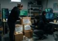 Cajas que dicen "información privada de usuarios de criptomonedas"; con criptomonedas alrededor y hackers viendo las cajas como con intención de robárselas.