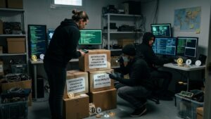 Cajas que dicen "información privada de usuarios de criptomonedas"; con criptomonedas alrededor y hackers viendo las cajas como con intención de robárselas.