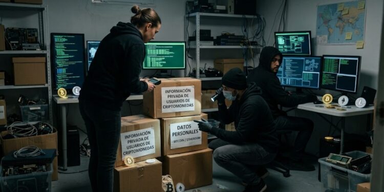 Cajas que dicen "información privada de usuarios de criptomonedas"; con criptomonedas alrededor y hackers viendo las cajas como con intención de robárselas.