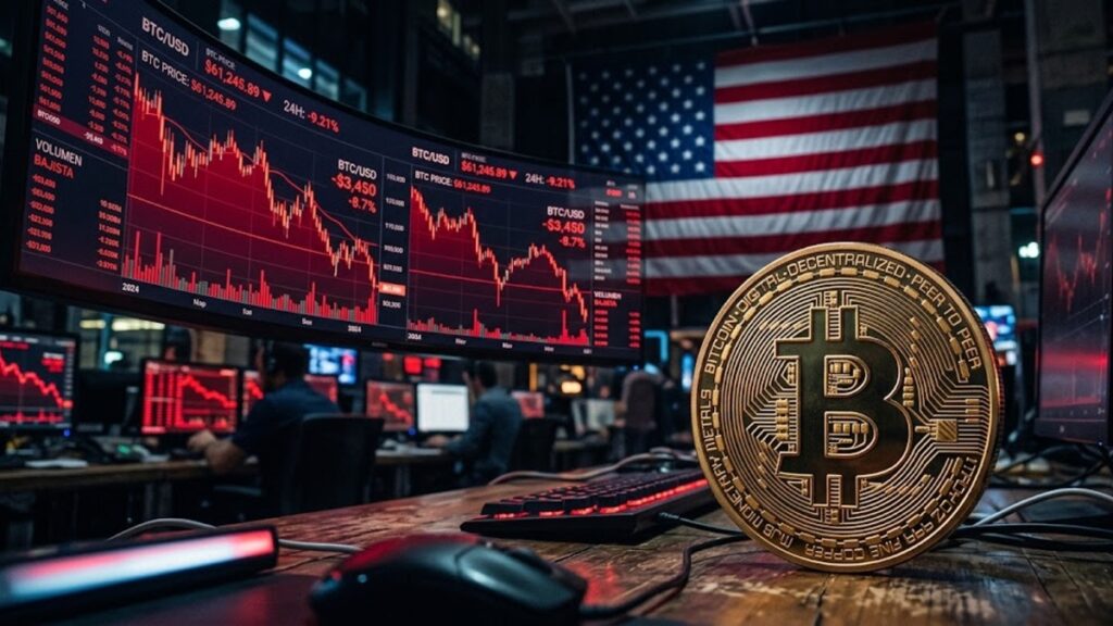 Moneda de bitcoin con gráficas en rojo en el fondo y la bandera de EE. UU.