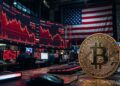 Moneda de bitcoin con gráficas en rojo en el fondo y la bandera de EE. UU.