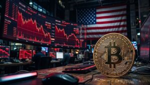 Moneda de bitcoin con gráficas en rojo en el fondo y la bandera de EE. UU.