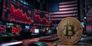 Moneda de bitcoin con gráficas en rojo en el fondo y la bandera de EE. UU.