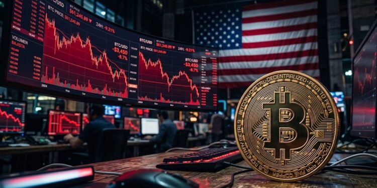 Moneda de bitcoin con gráficas en rojo en el fondo y la bandera de EE. UU.