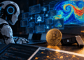 Robot analizando código y seguridad de Bitcoin con tecnología de inteligencia artificial.