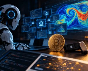 Robot analizando código y seguridad de Bitcoin con tecnología de inteligencia artificial.