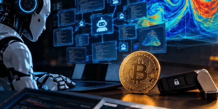 Robot analizando código y seguridad de Bitcoin con tecnología de inteligencia artificial.