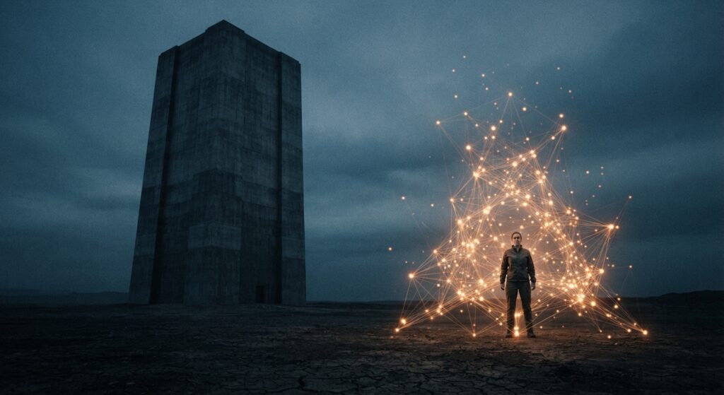 A un lado, una estructura monolítica, fría, institucional —el Estado o el laboratorio cerrado, una torre sin ventanas—. Al otro, una sola persona a escala humana, sostenida por una constelación de puntos de luz distribuidos a su alrededor: la IA libre como red que acompaña al individuo, no como monolito que lo domina. Poca cosa frente a mucha, pero no indefensa. Traduce visualmente la soberanía individual frente al punto único de control. Paleta sobria, un acento cálido en la constelación.