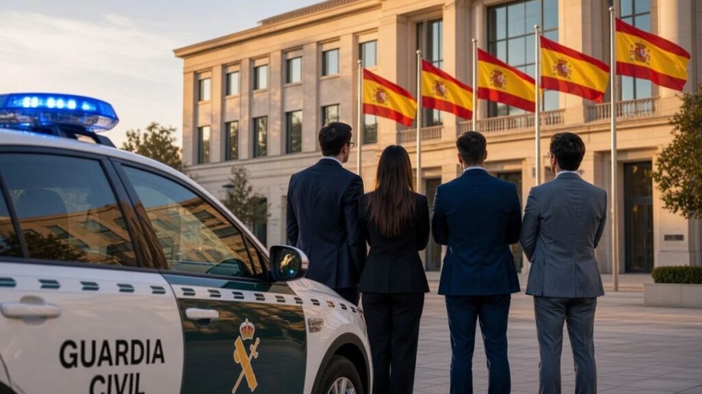 Cuatro personas trajeadas de espaldas frente a un edificio oficial con banderas de España y un coche de la Guardia Civil.