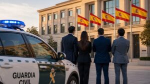 Cuatro personas trajeadas de espaldas frente a un edificio oficial con banderas de España y un coche de la Guardia Civil.