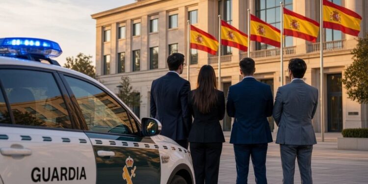 Cuatro personas trajeadas de espaldas frente a un edificio oficial con banderas de España y un coche de la Guardia Civil.