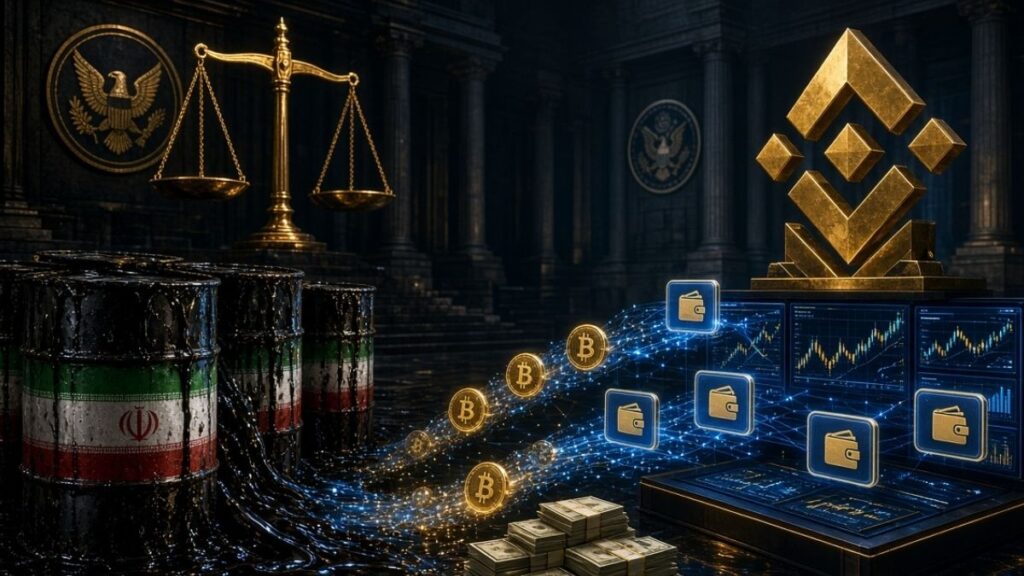 Bienes con bandera de Irán, balanza de la justicia de EE. UU. y logotipo dorado de Binance.