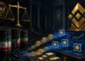 Bienes con bandera de Irán, balanza de la justicia de EE. UU. y logotipo dorado de Binance.
