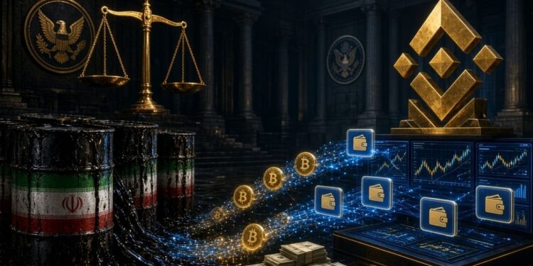 Bienes con bandera de Irán, balanza de la justicia de EE. UU. y logotipo dorado de Binance.