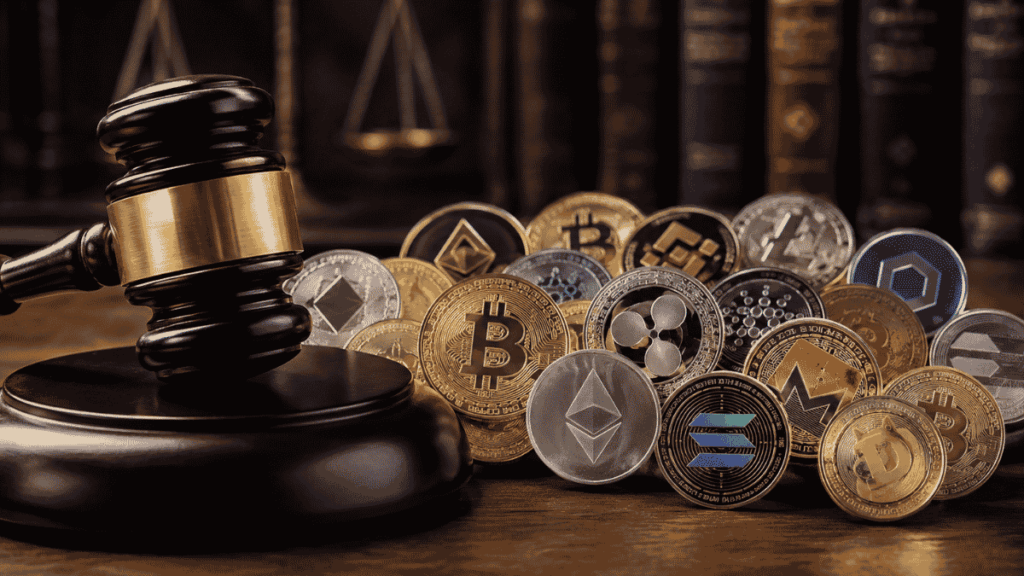 Martillo que simboliza la Justicia. Muchas criptomonedas.