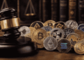 Martillo que simboliza la Justicia. Muchas criptomonedas.