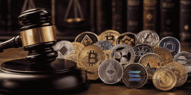 Martillo que simboliza la Justicia. Muchas criptomonedas.