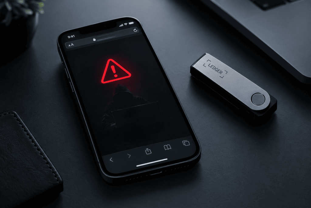 iPhone junto a una billetera de hardware Ledger en una escena de ciberseguridad.