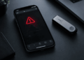 iPhone junto a una billetera de hardware Ledger en una escena de ciberseguridad.
