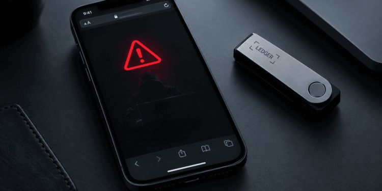 iPhone junto a una billetera de hardware Ledger en una escena de ciberseguridad.
