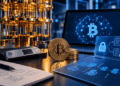 Computadora con símbolo de Bitcoin, wallet física y un computador cuántico en un entorno tecnológico.