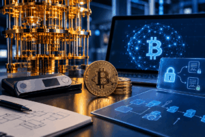 Computadora con símbolo de Bitcoin, wallet física y un computador cuántico en un entorno tecnológico.