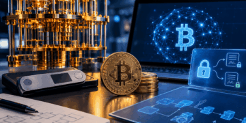 Computadora con símbolo de Bitcoin, wallet física y un computador cuántico en un entorno tecnológico.