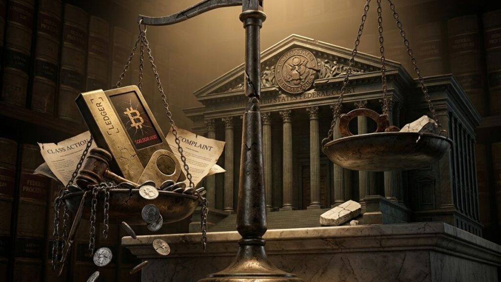 Balanza de la justicia pesando un dispositivo Ledger con un símbolo de Bitcoin y documentos legales frente a un tribunal.