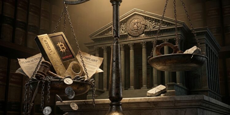 Balanza de la justicia pesando un dispositivo Ledger con un símbolo de Bitcoin y documentos legales frente a un tribunal.