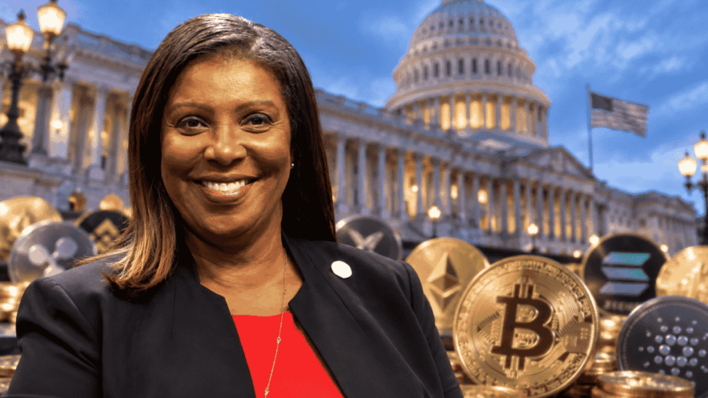 Letitia James delante de un fondo compuesto por muchas criptomonedas y el edificio del Senado.