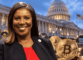 Letitia James delante de un fondo compuesto por muchas criptomonedas y el edificio del Senado.
