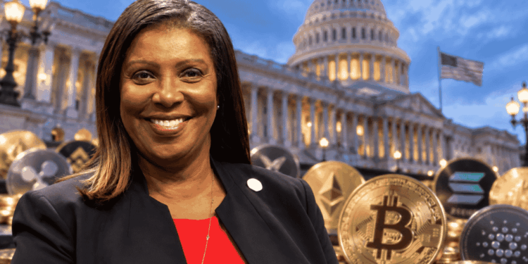Letitia James delante de un fondo compuesto por muchas criptomonedas y el edificio del Senado.