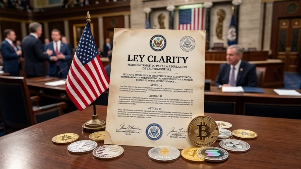 Documento legislativo que dice "Ley Clarity", con criptomonedas alrededor, y la bandera de EE. UU.