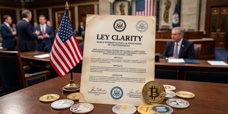 Documento legislativo que dice "Ley Clarity", con criptomonedas alrededor, y la bandera de EE. UU.