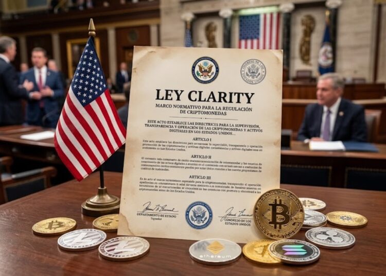 Documento legislativo que dice "Ley Clarity", con criptomonedas alrededor, y la bandera de EE. UU.