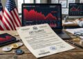 Documento que dice Ley Clarity con gráficas de mercado en rojo y criptomonedas alrededor, con la bandera de EE. UU.