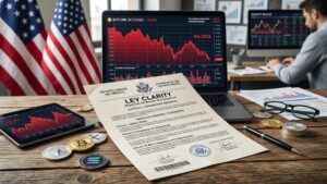 Documento que dice Ley Clarity con gráficas de mercado en rojo y criptomonedas alrededor, con la bandera de EE. UU.