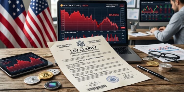 Documento que dice Ley Clarity con gráficas de mercado en rojo y criptomonedas alrededor, con la bandera de EE. UU.