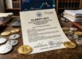 Docmento legal que dice Ley Clarity con criptomonedas alrededor.