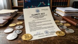Docmento legal que dice Ley Clarity con criptomonedas alrededor.
