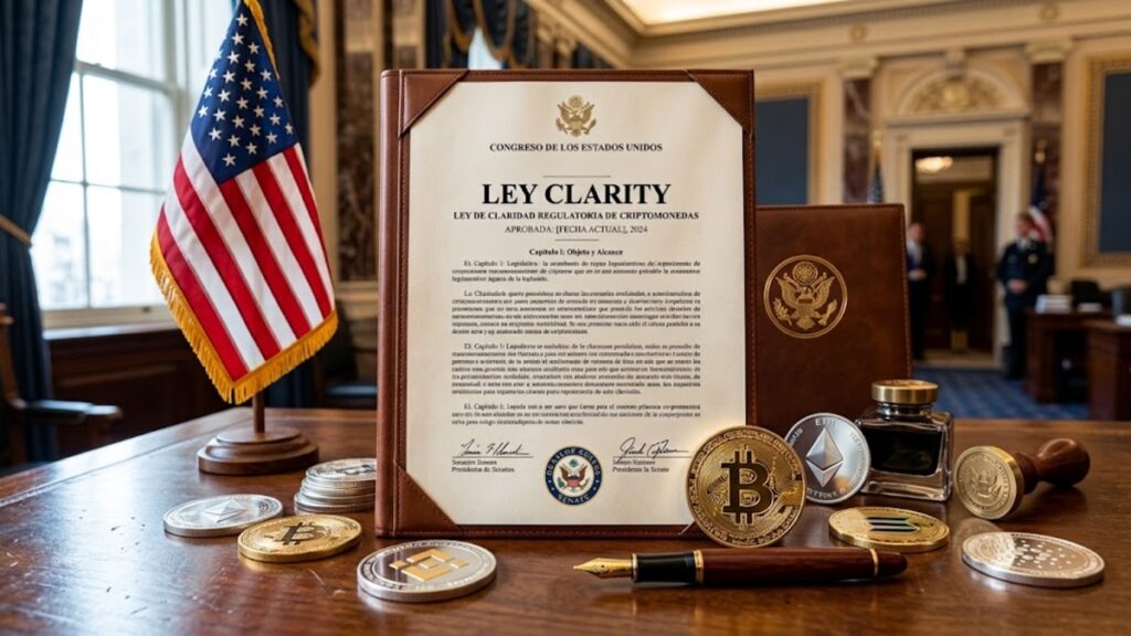 Documento de ley que dice "Ley Clarity", con criptomonedas alrededor y la bandera de EE. UU,