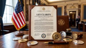 Documento de ley que dice "Ley Clarity", con criptomonedas alrededor y la bandera de EE. UU,