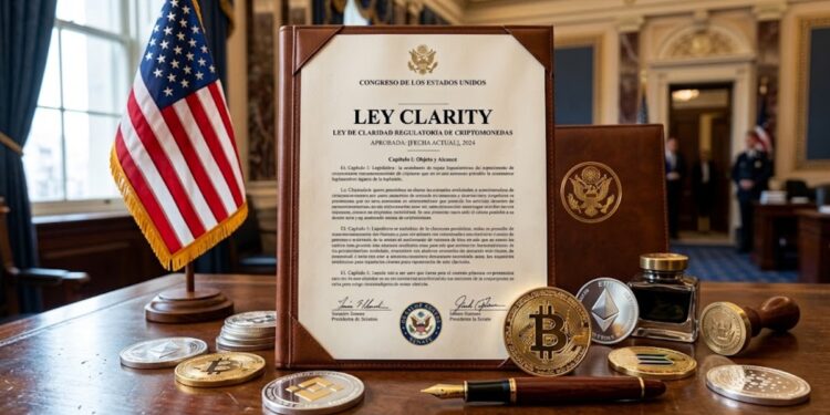 Documento de ley que dice "Ley Clarity", con criptomonedas alrededor y la bandera de EE. UU,