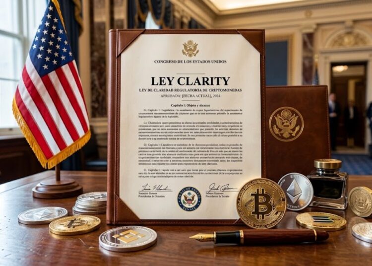 Documento de ley que dice "Ley Clarity", con criptomonedas alrededor y la bandera de EE. UU,