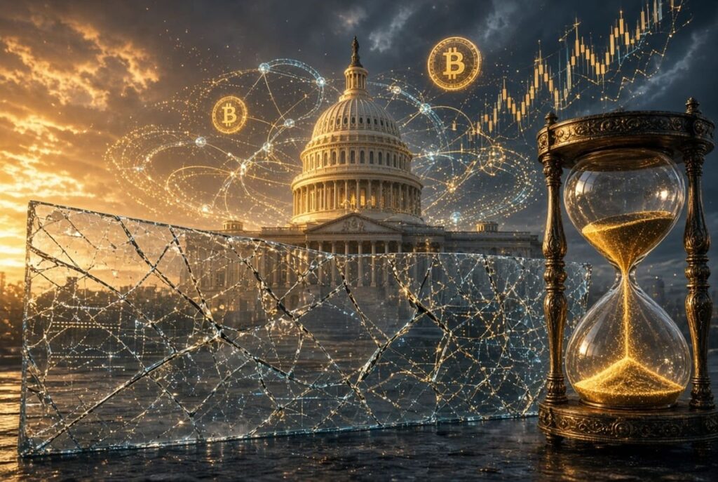 Senado de Estados Unidos con un reloj de arena y stablecoin en el cielo