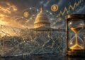 Senado de Estados Unidos con un reloj de arena y stablecoin en el cielo