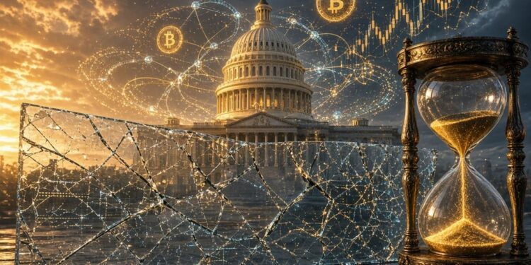 Senado de Estados Unidos con un reloj de arena y stablecoin en el cielo
